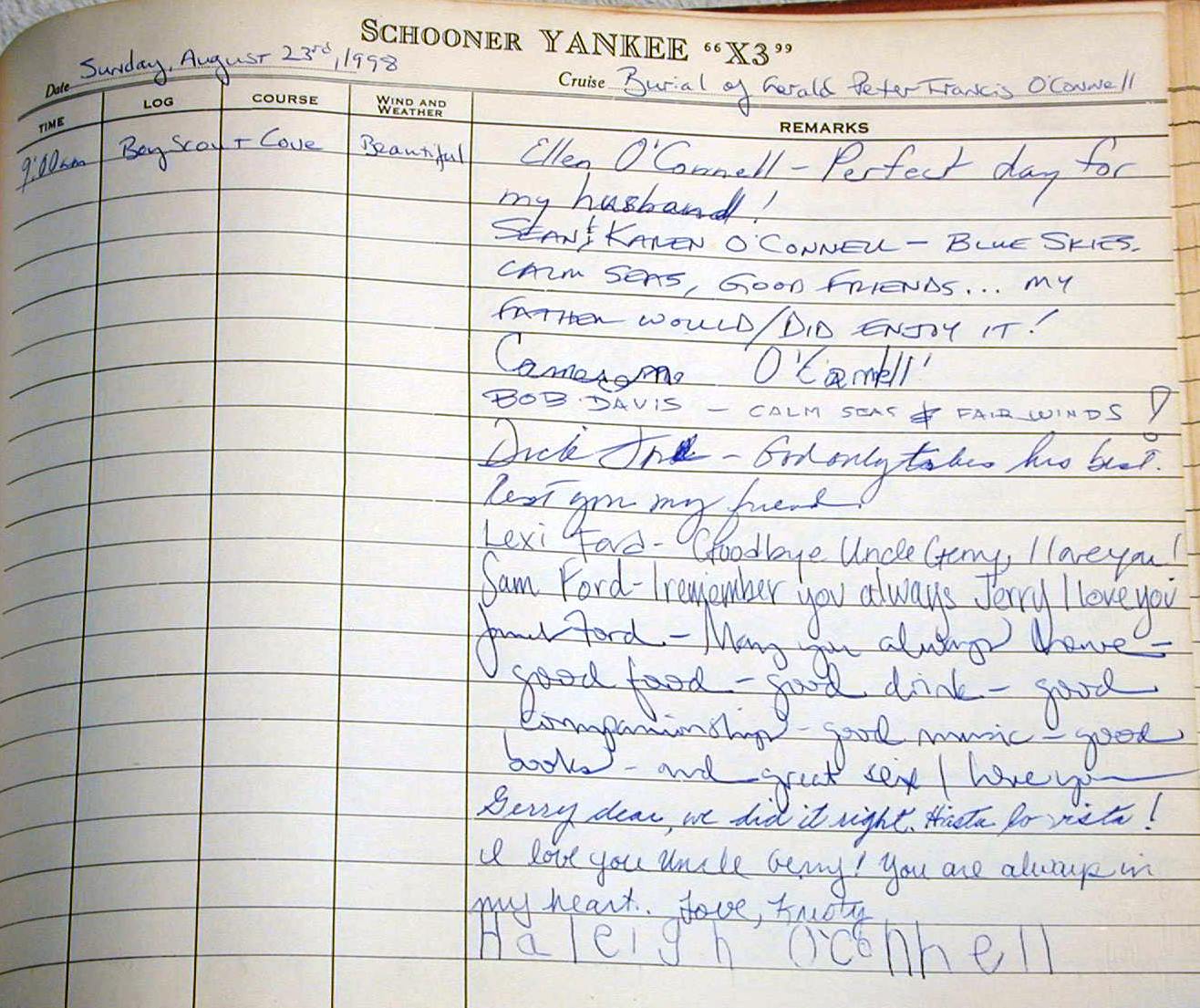 The final page of the logbook, August 23, 1998