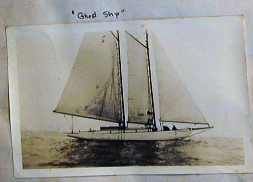 Yankee under sail off Santa Cruz, labeled Ghost Ship