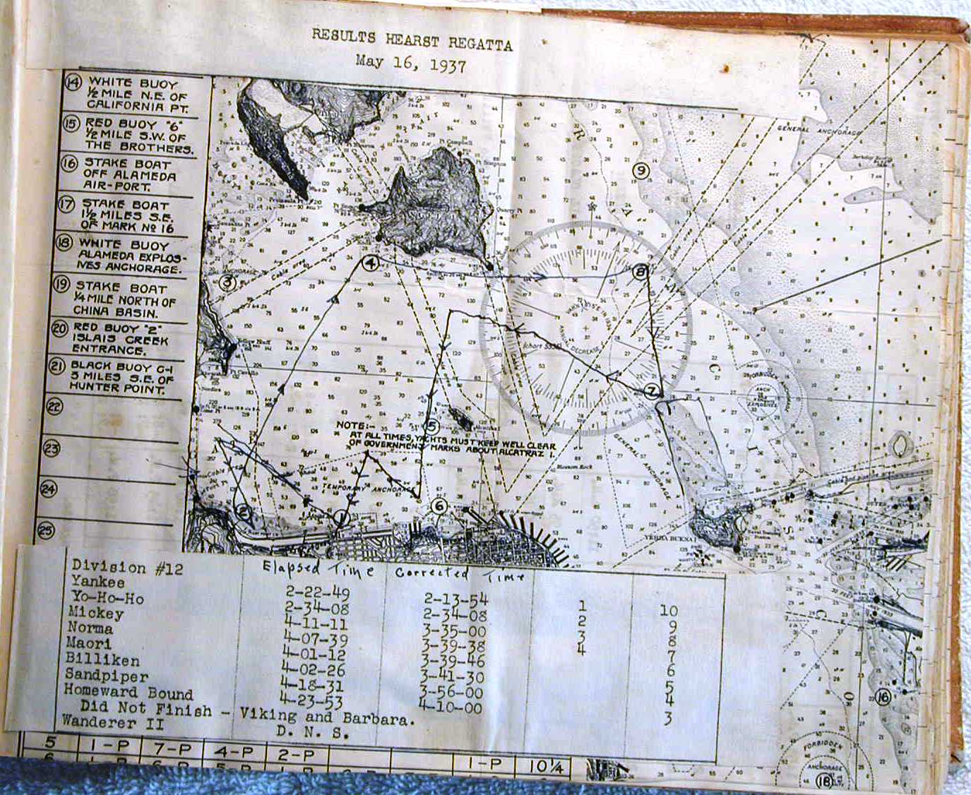 The 1937 Hearst Regatta race chart pasted into the logbook