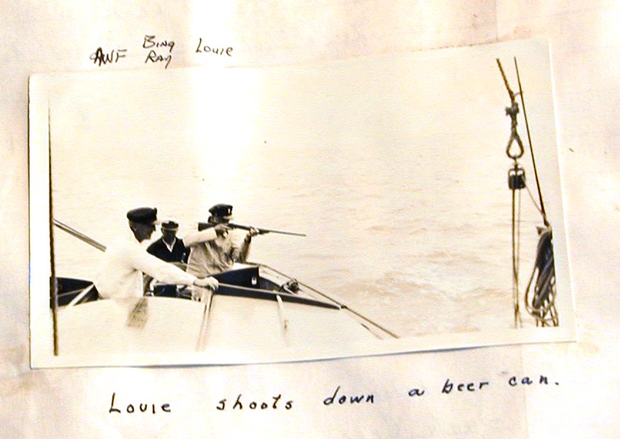 Louie shoots down a beer can from the stern rail