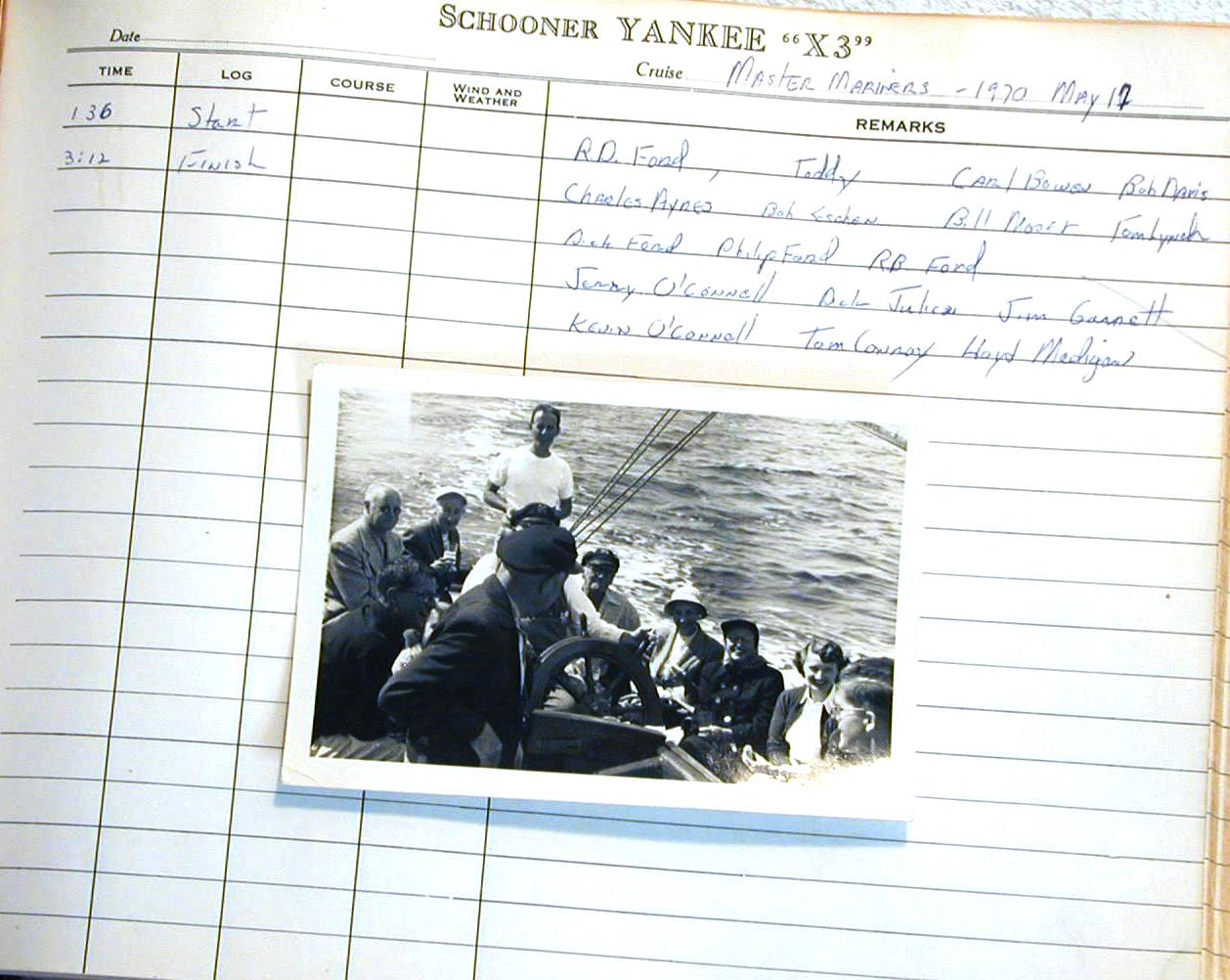 Logbook page from the 1970 Master Mariners race with crew photograph