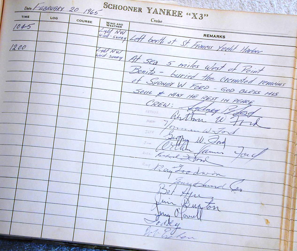 Logbook page: burial at sea of Sydney W. Ford, February 1965