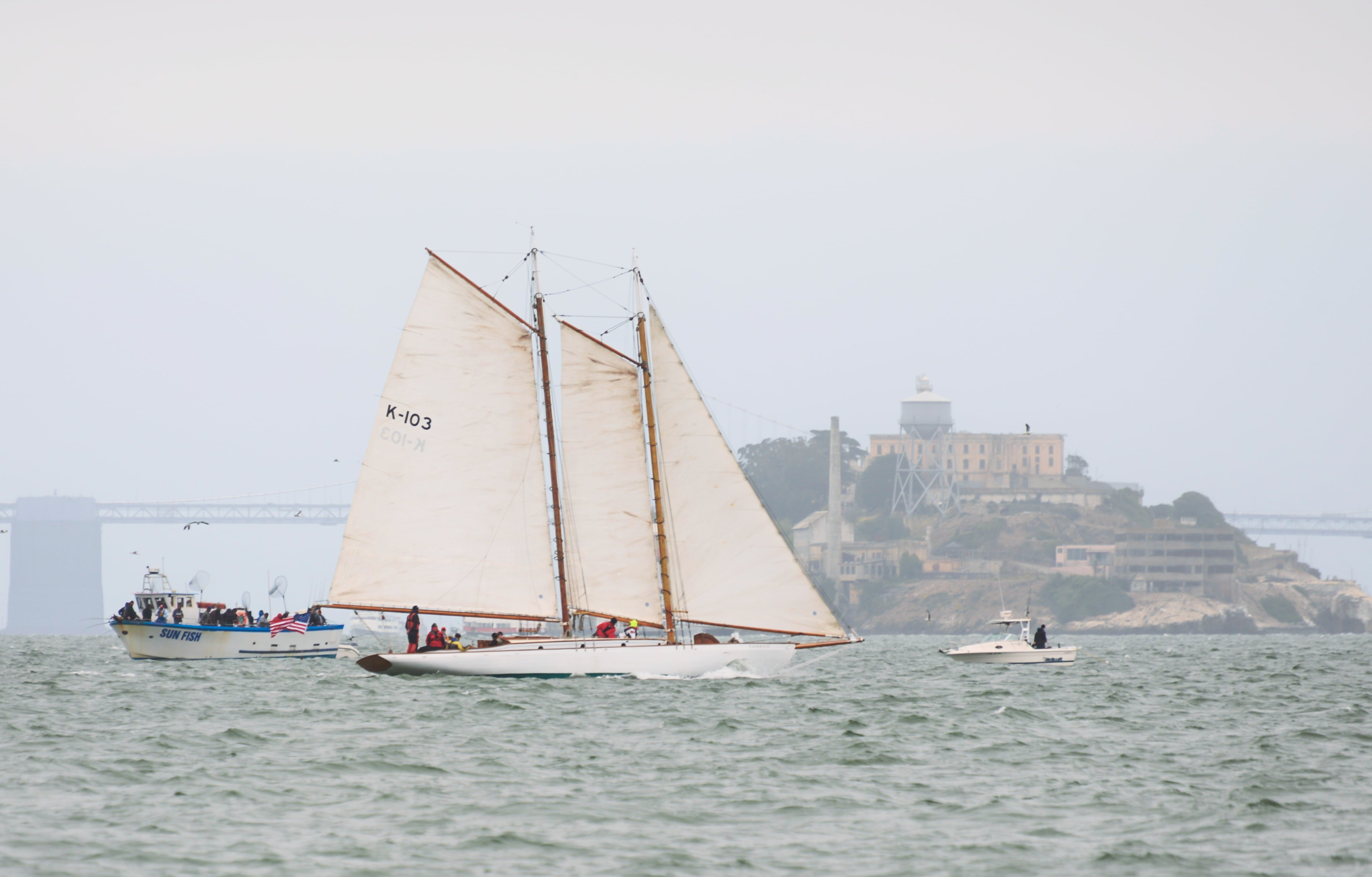 Yankee sailing on San Francisco Bay with Alcatraz and the Bay Bridge in the background