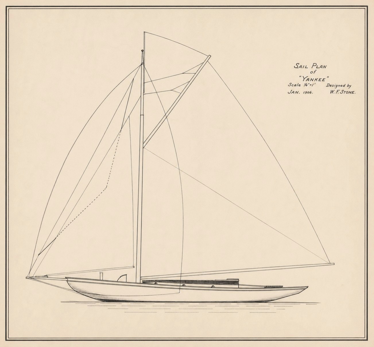 Sail plan of Yankee dated January 1906, showing her original gaff sloop rig, drawn by Lester Stone