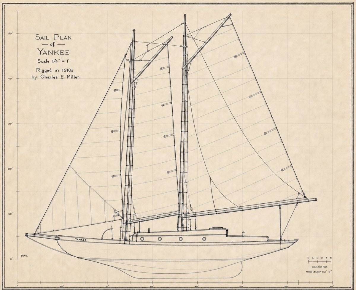 Sail plan of Yankee: the gaff schooner rig in profile, as rigged in the 1910s by Charles E. Miller