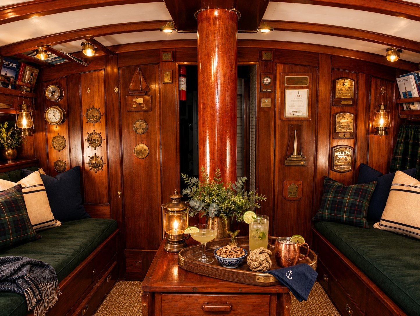 Yankee's saloon, warmly lit: trophy-lined bulkheads, banquette seating, the mast through the cabin, drinks on the table